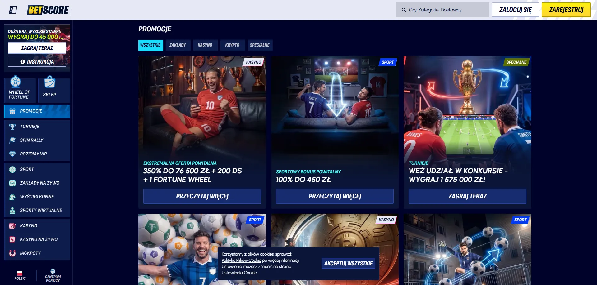 Betscore Casino bonus powitalny do 1500 EUR i 200 darmowych spinów