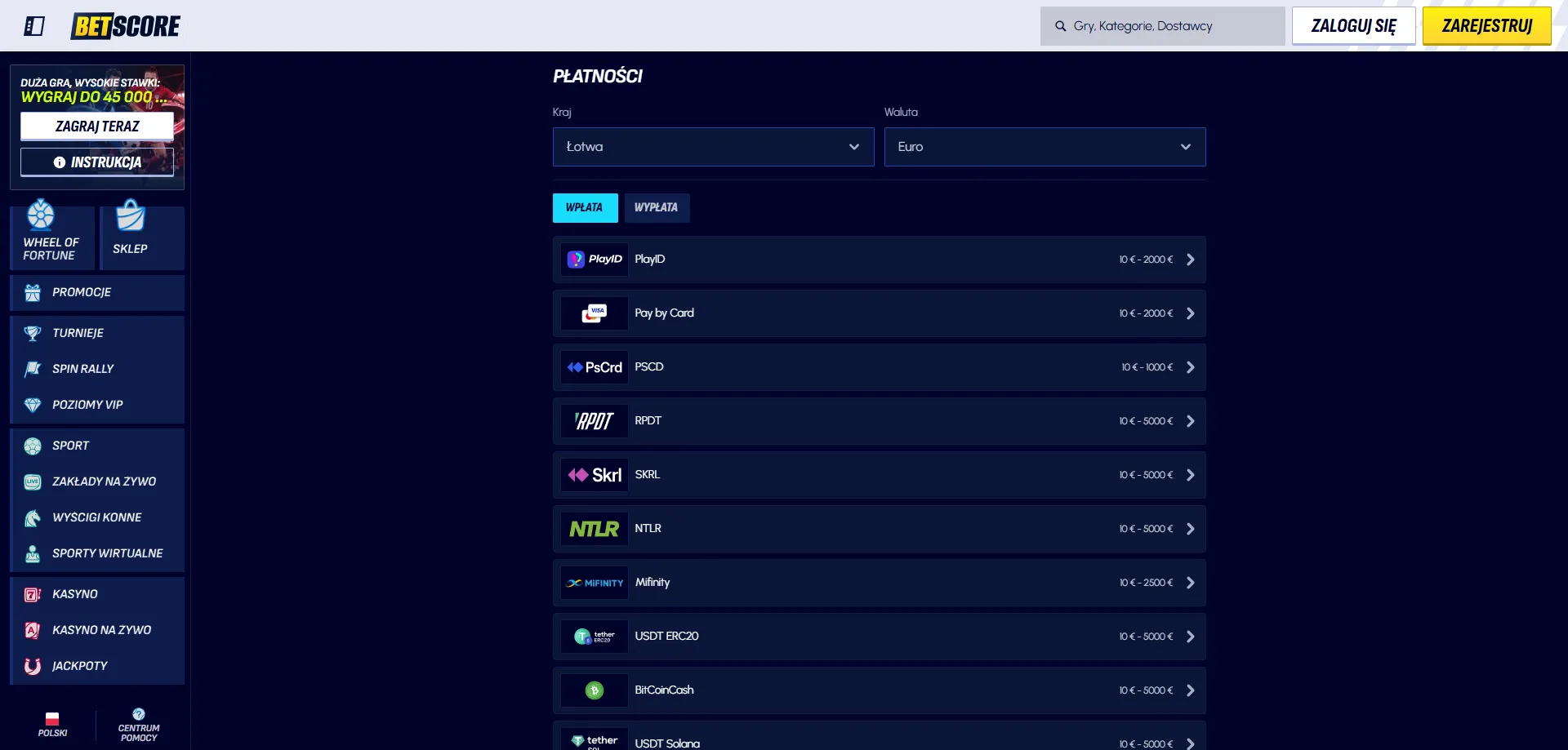 Betscore Casino oficjalne kasyno online dla polskich graczy